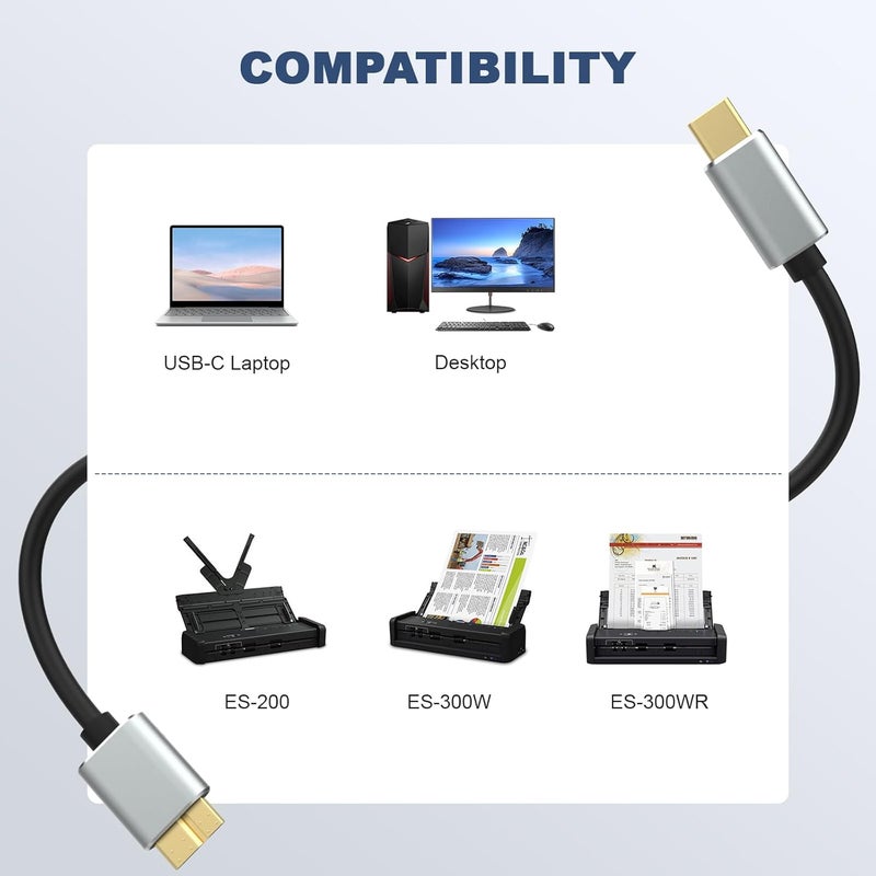 Koffmon USB-C to Micro-B USB 3.0 Charging & Data Cable Compatible with Epson Workforce ES-200, ES-300W, ES-300WR Portable Document Scanner –4.9FT Replacement Power Cord - Image 4
